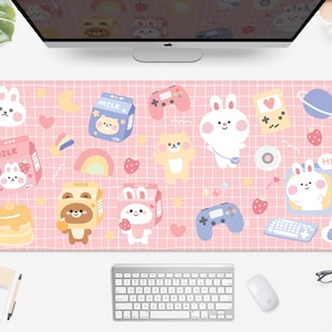 Kawaii Desk Mat Cute Mousepad, Bunny and bear strawberry milk, xxl large gaming deskmat desk accessories, Cute pastel peach pink mouse pad