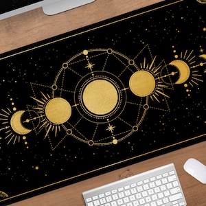 Moon phases Desk Mat gold, Celestial mousepad, Witchy mouse pad large, Astrology Black Goth witch aesthetic, xl xxl RGB LED Gaming deskmat