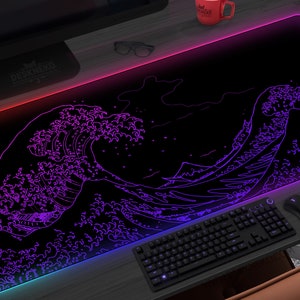 Gaming Mousepad Japanese, LED Mouse pad wave, Large desk mat purple, xl RGB deskpad neon vaporwave Japan, XXL extended deskmat/playmat