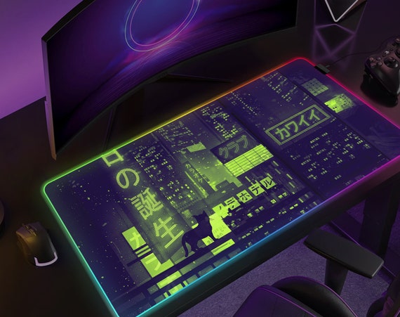 Vaporwave Desk Mat, RGB Gaming Mousepad, Deskmat Neon Green black Japanese city Tokyo street cat, XXL led deskmat gamers, mouse pad mousepad