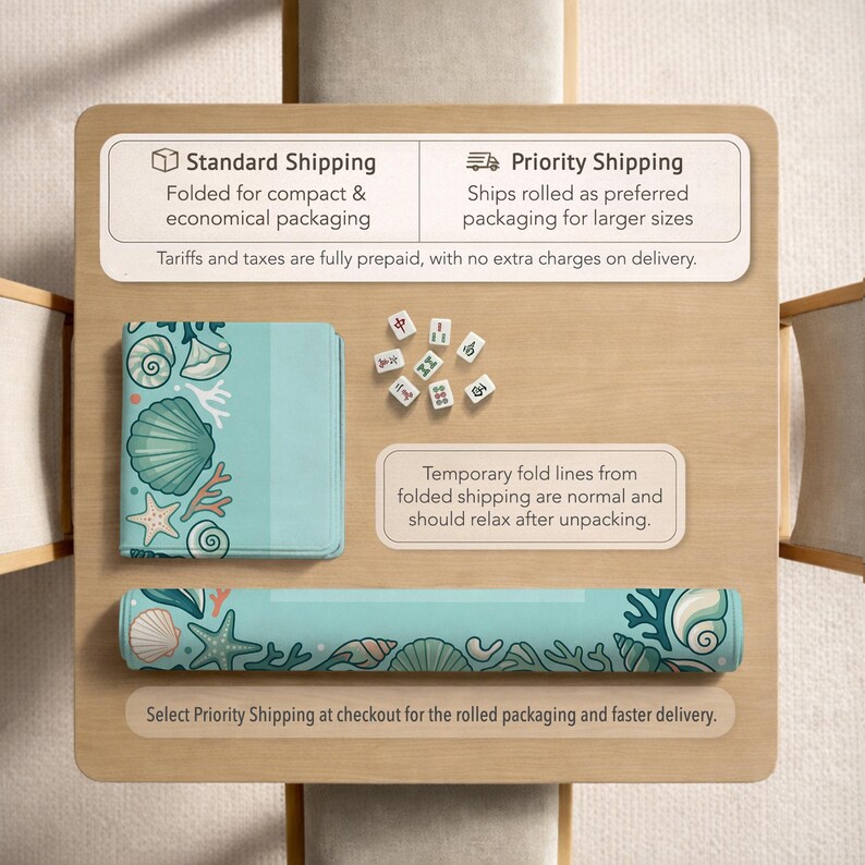 May include: A light blue game mat featuring a seashell and starfish design, accompanied by a stack of matching cards and game tiles. The text on the mat reads "Select Priority Shipping at checkout for the rolled packaging and faster delivery."