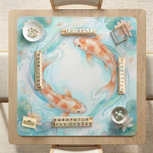 Pastell Koi Mahjong Tischset, Aqua Lotus Spielmatte, Dekoratives Brettspiel Playmat Für Tiles Würfelkarten, Game Night Host Geschenk Bild 2