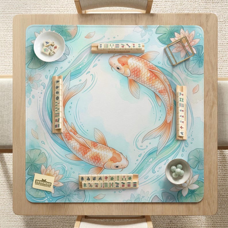 Pastell Koi Mahjong Tischset, Aqua Lotus Spielmatte, Dekoratives Brettspiel Playmat Für Tiles Würfelkarten, Game Night Host Geschenk Bild 2