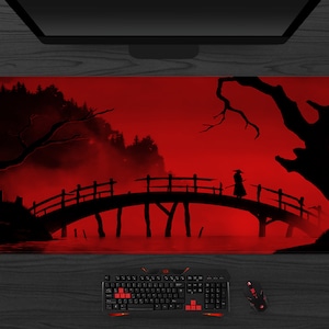 Samurai Desk Mat Japanese Gaming Mousepad, Black and Red Mouse pad xl, Tokyo Kyoto Japan geometric art desk pad, extra large deskmat