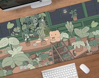 Kawaii  desk mat mousepad green plant lover, bunny bear monstera house leaves, xl tropical deskmat, large xxl lo fi gaming mouse pad anime