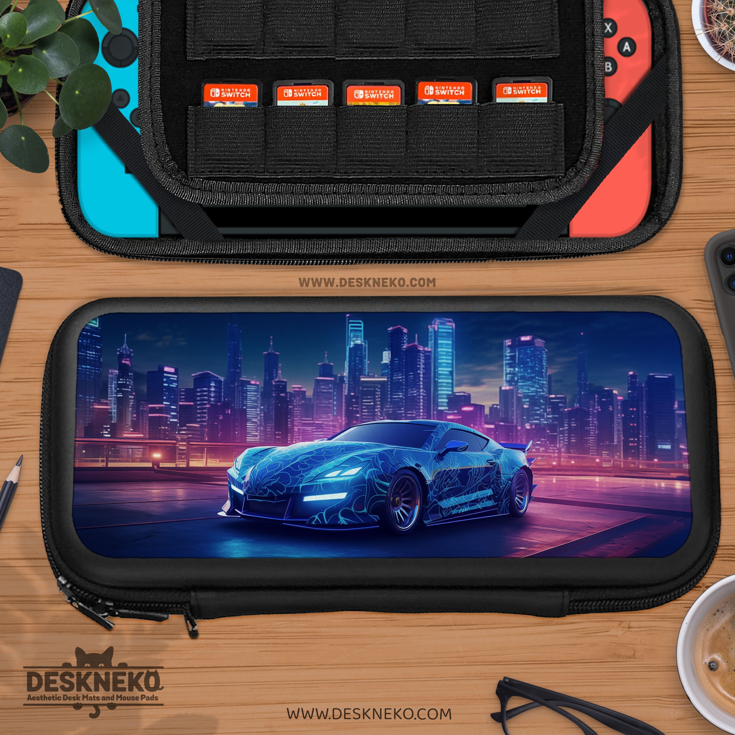Race Car Case for Nintendo Switch, Retro Neon Vaporwave, Travel carrying bag shell dock skin cover game card cartridge slot holder accessory