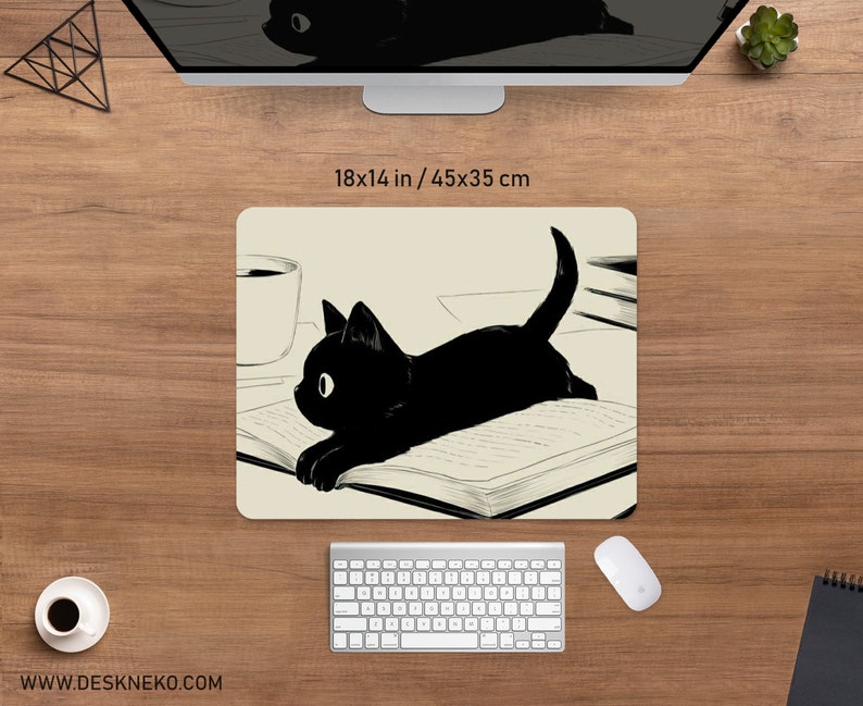 Black Cat desk mat cute mousepad, Anime aesthetic mouse pad, XXL gaming deskmat RGB LED, Coffee beige Kawaii manga, Matt with wrist rest image 5