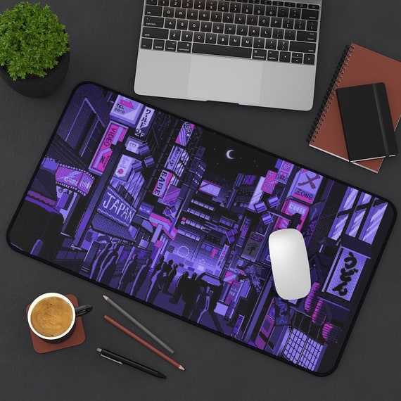 SXCKANG Donkerpaarse Japanse anime bureaumat, retro vapwave grote gaming muismat voor laptop computer, neon Tokyo Street Pixel Art volledige bureaumuismat, XXL Skyline City muismat - 80 x 30 cm