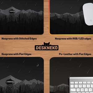 May include: Four different desk mats with a black and white forest design. The mats are made of neoprene and pu-leather. The mats have different edge styles, including stitched, RGB/LED, and flat edges. The Deskneko logo is in the center.