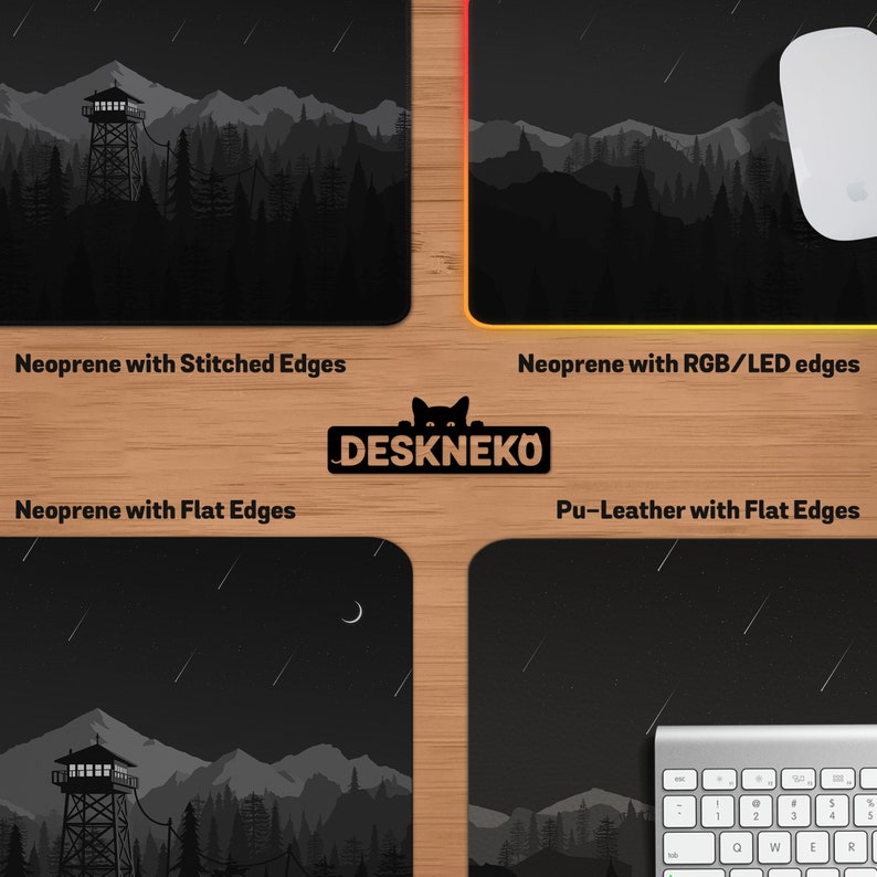 May include: Four different desk mats with a black and white forest design. The mats are made of neoprene and pu-leather. The mats have different edge styles, including stitched, RGB/LED, and flat edges. The Deskneko logo is in the center.