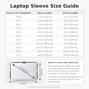 A size chart by DeskNeko for Laptop Sleeves. Indicating compatibility with all laptop sizes including the MacBook Pro, MacBook Air and gaming laptops. The chart shows laptop sleeve and laptop bag dimensions for 7-8 inch, 9 inch, 10 inch, 11 inch, 12 inch, 13 inch, 14 inch, 15 inch, 15.6 inch, 16 inch, and 17 inch computers and tablets. This padded, waterproof, shockproof laptop sleeve with handle (or bag with shoulder strap) helps ensure the right fit.