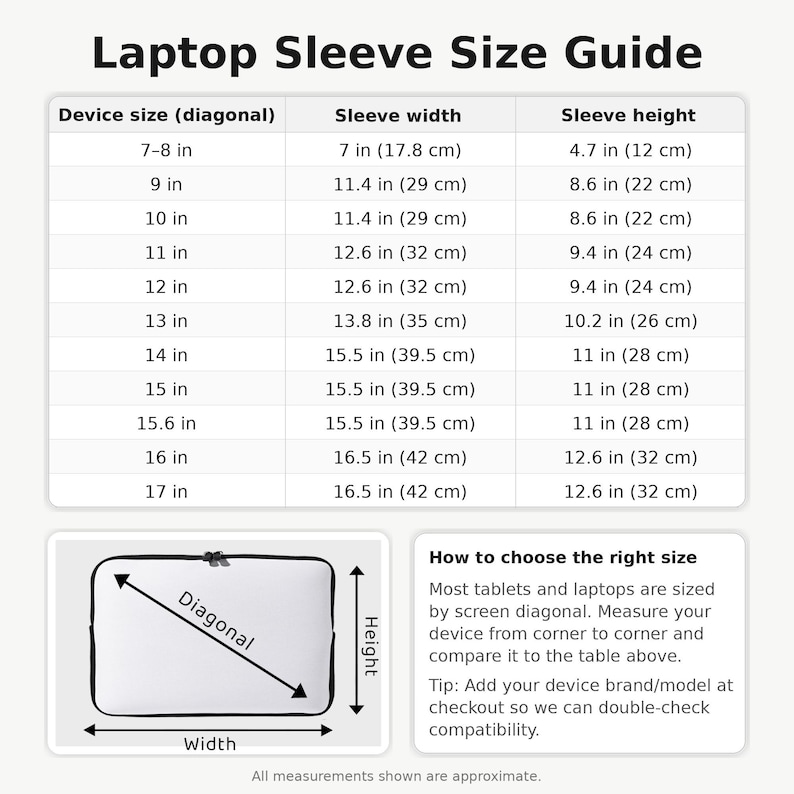 A size chart by DeskNeko for Laptop Sleeves. Indicating compatibility with all laptop sizes including the MacBook Pro, MacBook Air and gaming laptops. The chart shows laptop sleeve and laptop bag dimensions for 7-8 inch, 9 inch, 10 inch, 11 inch, 12 inch, 13 inch, 14 inch, 15 inch, 15.6 inch, 16 inch, and 17 inch computers and tablets. This padded, waterproof, shockproof laptop sleeve with handle (or bag with shoulder strap) helps ensure the right fit.