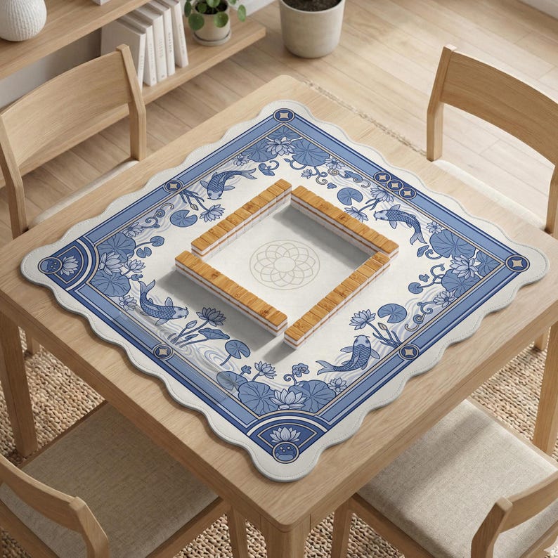 May include: A square, light-colored wooden table with a blue and white patterned Mahjong mat. The mat features koi fish, lotus flowers, and a decorative border. Four wooden Mahjong tile racks are arranged on the mat.