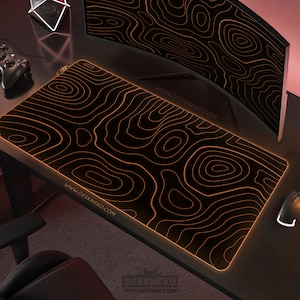 Topo Desk Mat orange, Gaming Mouse Pad Large, Minimal LED Deskmat black, Extended Mousepad XxL, RGB Keyboard Matt, Topographic contours