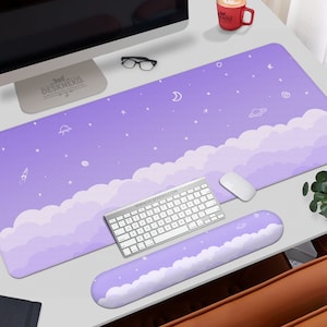 Tapete de mesa roxo fofo, mousepad grande Kawaii, nuvens estéticas de anime pastel, teclado estendido fosco, mouse pad LED rgb XL, tapete de mesa para jogos XXL