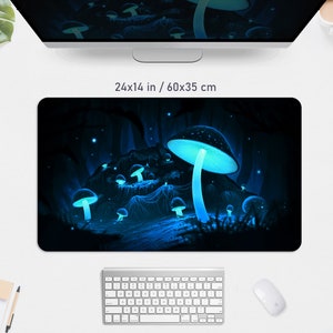 May include: A black mousepad featuring a glowing blue mushroom scene. The mousepad measures 24 inches by 14 inches. The design includes several mushrooms with bright blue caps and stems, set against a dark, forest-like background.