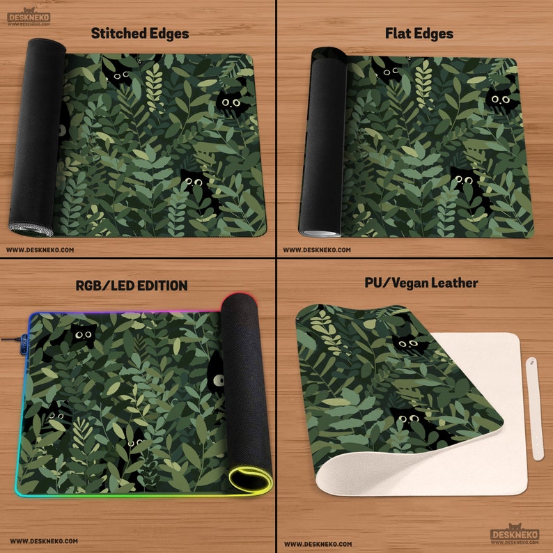 K&ouml;nnte beinhalten: Vier Mauspads mit einem Design aus gr&uuml;nen Bl&auml;ttern und schwarzen Katzen. Die Mauspads werden mit gen&auml;hten Kanten, flachen Kanten, einer RGB/LED-Edition und PU/veganem Leder gezeigt. Der Text "DESKNEKO" und "WWW.DESKNEKO.COM" sind sichtbar.