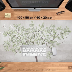 Japanese Desk Mat xl, Minimalist Mousepad, Nature tree of life,  Mouse Pad xxl, oriental art, sage green grey beige, Large keyboard deskmat