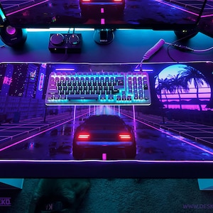 Gaming Desk Mat RGB LED, Vaporwave Mousepad Large, Japanese Cyberpunk Racing Car Deskmat neon lights tokyo, XXL extended mouse pad xl