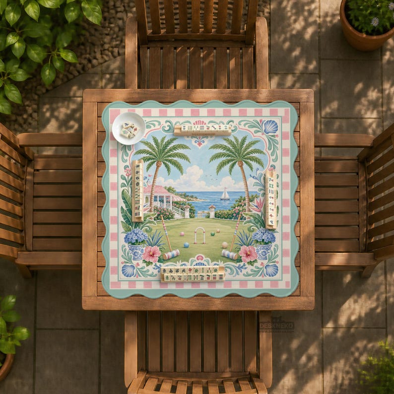 May include: A square croquet game board with a coastal scene, featuring palm trees, a house, and a sailboat. The board is set on a wooden table with two chairs. The board has a pink and blue checkered border and a decorative edge.