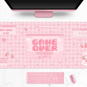 Strawberry Milk Desk Mat, Kawaii Mousepad xl, Cute pastel pink gaming deskmat xxl, retro linear vaporwave aesthetics, customizable mousepad