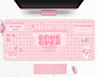 Strawberry Milk Desk Mat, Kawaii Mousepad xl, Cute pastel pink gaming deskmat xxl, retro linear vaporwave aesthetics, customizable mousepad