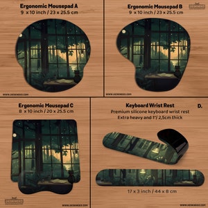 May include: Four ergonomic mousepads and a keyboard wrist rest are displayed. The mousepads feature a forest scene with a black cat. Mousepad A is 9 x 10 inches, B is 9 x 10 inches, and C is 8 x 10 inches. The wrist rest is 17 x 3 inches.