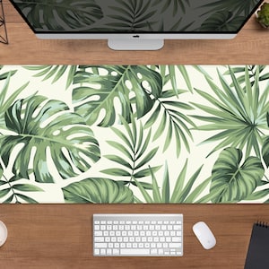 Green desk mat monstera mousepad, nature tropical monsterra leaves boho pattern, forest flowers mousemat, cute xxl gaming deskmat mouse pad