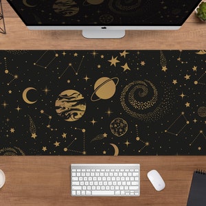 Celestial Desk Mat black gold Mousepad moon phases, constellation star sky, large galaxy universe witchy, xxl gaming deskmat mouse pad xl