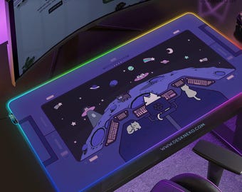 Kawaii cats LED desk mat: large gaming mousepad, cute purple space deskmat, extended xl deskpad, aesthetic mouse pad, cozy desk setup gift