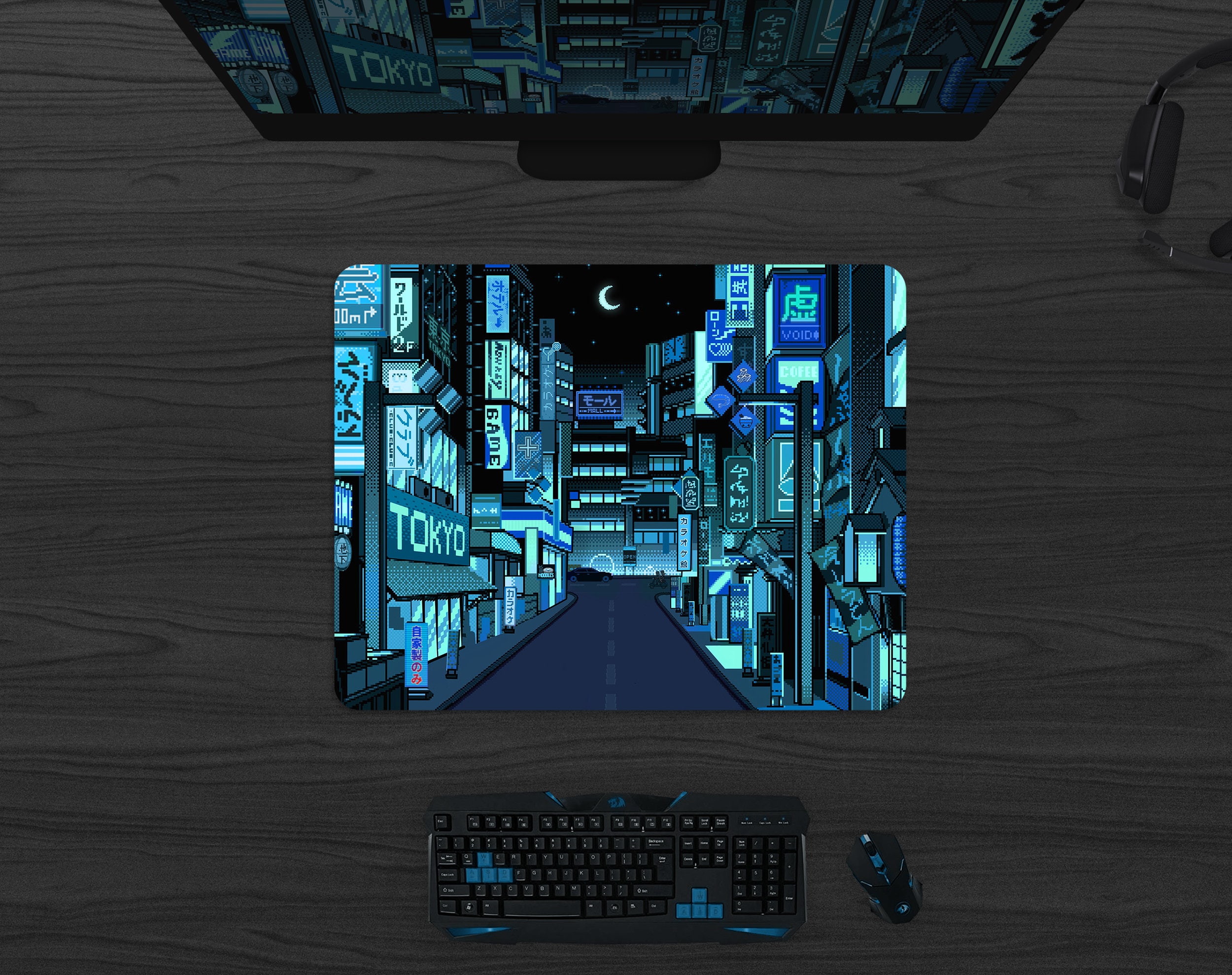 Neon Tokyo Desk Mat RGB Gaming Mousepad, Vaporwave Retro