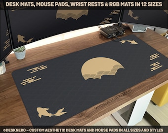 Japanese Desk Mat, Black & Gold Mousepad, Koi fish sun cloud Japan art seal sunrise, Dark sunset Large XXL Gaming Deskmat RGB LED mouse pad
