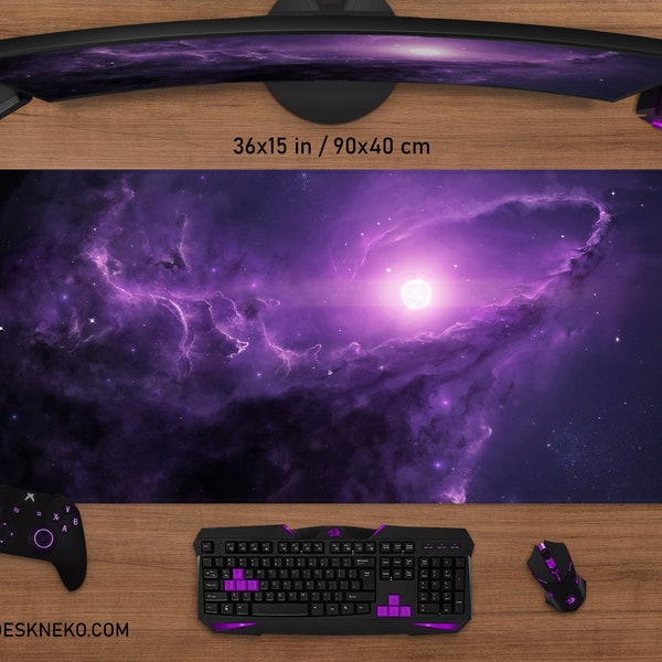 Space Desk Mat Galaxy Mousepad Nebula, Purple sky stars moon planet, small mouse pad, xl xxl large big wide keyboard Gaming Deskmat LED RGB