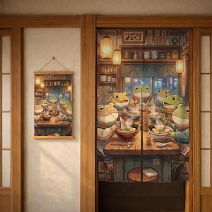 Noren Door Curtain, Japanese Doorway Curtain, Frog Ramen Shop Curtain, Kawaii Cafe Room Divider, Cozy Restaurant Entryway Decor Art