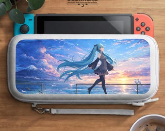 Switch 1 Case, Switch 2 Travel Case, OLED Lite Cover, Dock Skin, Game Cartridge Holder, Anime Miku Girl Teal Ocean Sunset Sky