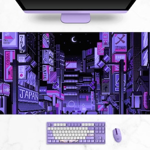 Retro Vaporwave mousepad, neon tokyo street pixel art, Purple Japanese anime, Skyline/City desk mat, XXL gaming mouse pad multiple sizes