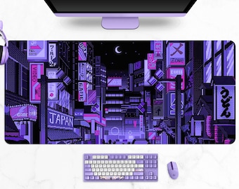 Tappetino per mouse Vaporwave retrò, neon tokyo street pixel art, anime giapponesi viola, tappetino da scrivania Skyline/City, tappetino per mouse da gioco XXL di varie dimensioni
