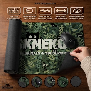 Lifestyle product photo of a DeskNeko desk mat and extra large mousepad on a wooden desk. One side of the desk pad is rolled to show the non-slip rubber bottom, while a hand lifts the corner of the mouse pad to reveal stitched edges and flexible thickness. A black gaming mouse sits on top. Icons highlight smooth fabric, anti-static surface, low-profile edges, and high-definition UV-cured printing. It shows that extra-large and custom sizes up to 120×60 cm are available.