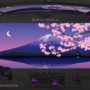 Fuji Japan Desk Mat Purple Mousepad, Japanese landscape mountain, Cherry blossom sakura, small mouse pad xxl large big Gaming Deskmat RGB