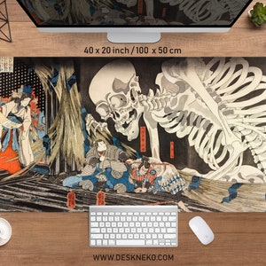 Japanese desk mat, big gaming mousepad rgb led, xxl big extended deskmat, Woodblock asian art skeleton samurai, xl extra large mouse pad