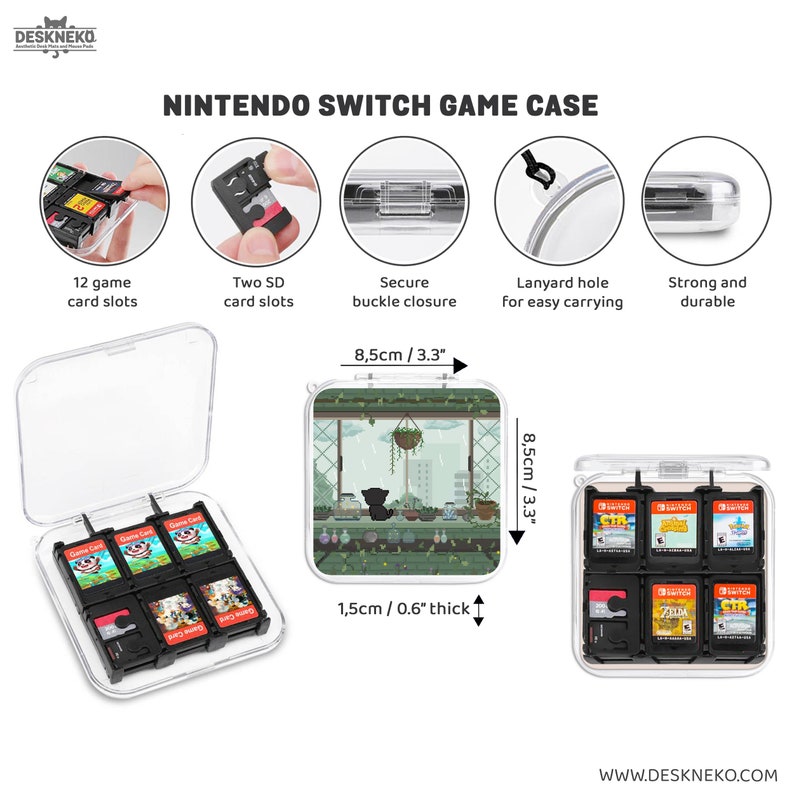 May include: Clear Nintendo Switch game case with 12 game card slots and two SD card slots. Features a secure buckle closure and lanyard hole. The case is 8.5cm wide and 8.5cm tall, and 1.5cm thick.
