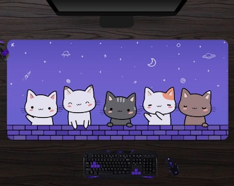 Tapis de bureau chats mignons, tapis de souris kawaii, xl violet, tapis de souris mignon anime nuages, nuages et étoiles, clavier xxl (6 tailles)