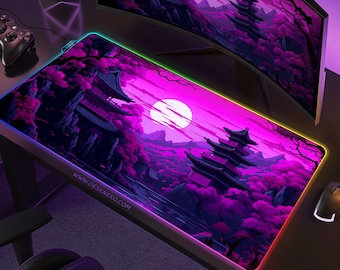 Purple Japanese Mouse Pad LED: Gaming Desk Mat RGB, Neon Landscape Deskmat xl playmat, wireless charging mousepad xxl, Retro Lofi anime art