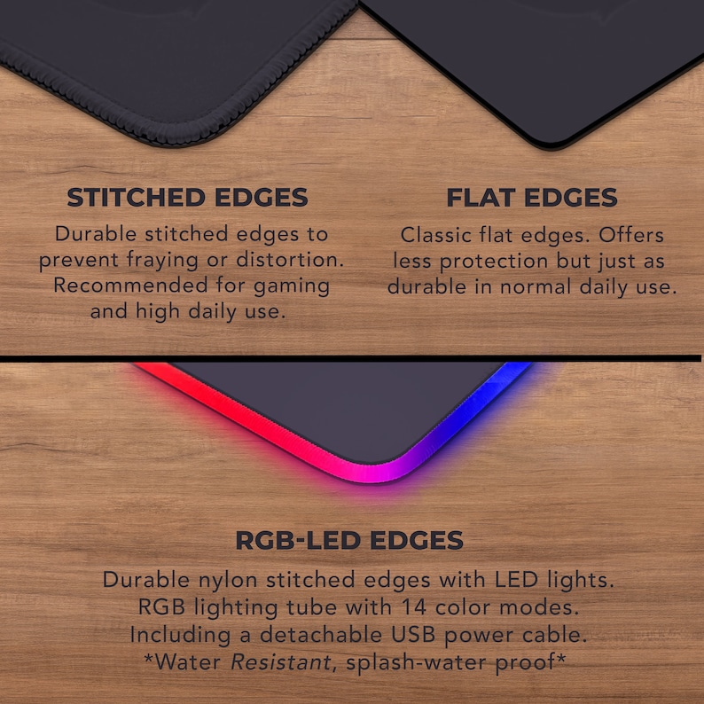 Może przedstawiać: Obraz por&oacute;wnawczy trzech rodzaj&oacute;w krawędzi: szytych, płaskich i RGB-LED. Szyte krawędzie są trwałe i zapobiegają strzępieniu się. Płaskie krawędzie oferują mniejszą ochronę. Krawędzie RGB-LED mają diody LED i 14 tryb&oacute;w kolor&oacute;w. Zawiera odłączany kabel zasilający USB.