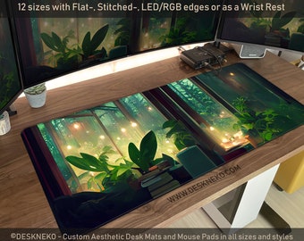 Green Desk Mat plants lo fi, Aesthetic Mousepad rainy day, Large XXL gaming deskmat RGB led, Lofi mood big long wide mouse pad wrist rest