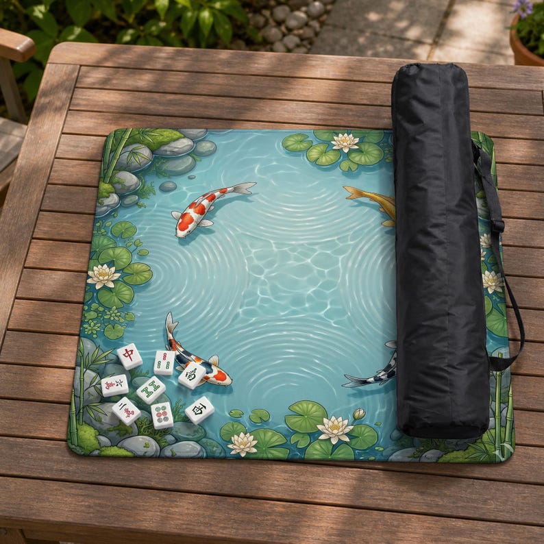 May include: A square mahjong mat featuring a pond illustration with koi fish, lily pads, and white flowers. Several white mahjong tiles with red and black characters are placed on the mat. A black cylindrical carrying case rests on the right side.