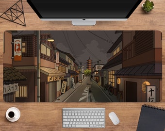 Anime Desk Mat Tokyo Street, Japanese mousepad xl, cute extra large gaming mouse pad xxl, beige lo fi lofi Anime Aesthetics scenery city