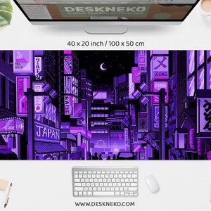 Purple desk mat anime, gaming deskmat led, Japanese vaporwave cyberpunk, Neon Tokyo city pixel art, Large mousepad, xl keyboard mouse pad
