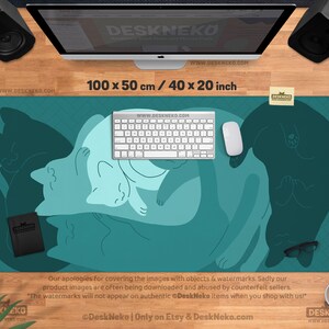 Teal Cats Desk Mat Mouse Pad, Green Mousepad Cute, Kawaii Cat Deskmat xl, Extra Large XXL, Extended table matt led, Aesthetic Office Decor 100x50cm / 40″ x 20″ inches