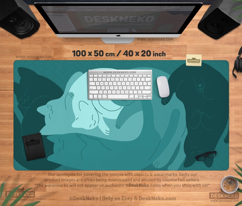 Teal Cats Desk Mat Mouse Pad, Green Mousepad Cute, Kawaii Cat Deskmat xl, Extra Large XXL, Extended table matt led, Aesthetic Office Decor 100x50cm / 40″ x 20″ inches